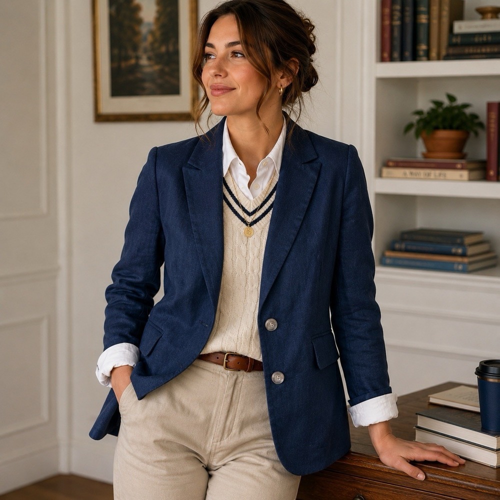 Boden 100% Linen Marylebone Blazer US 6R Navy Cotton Lining Classic Preppy Layer